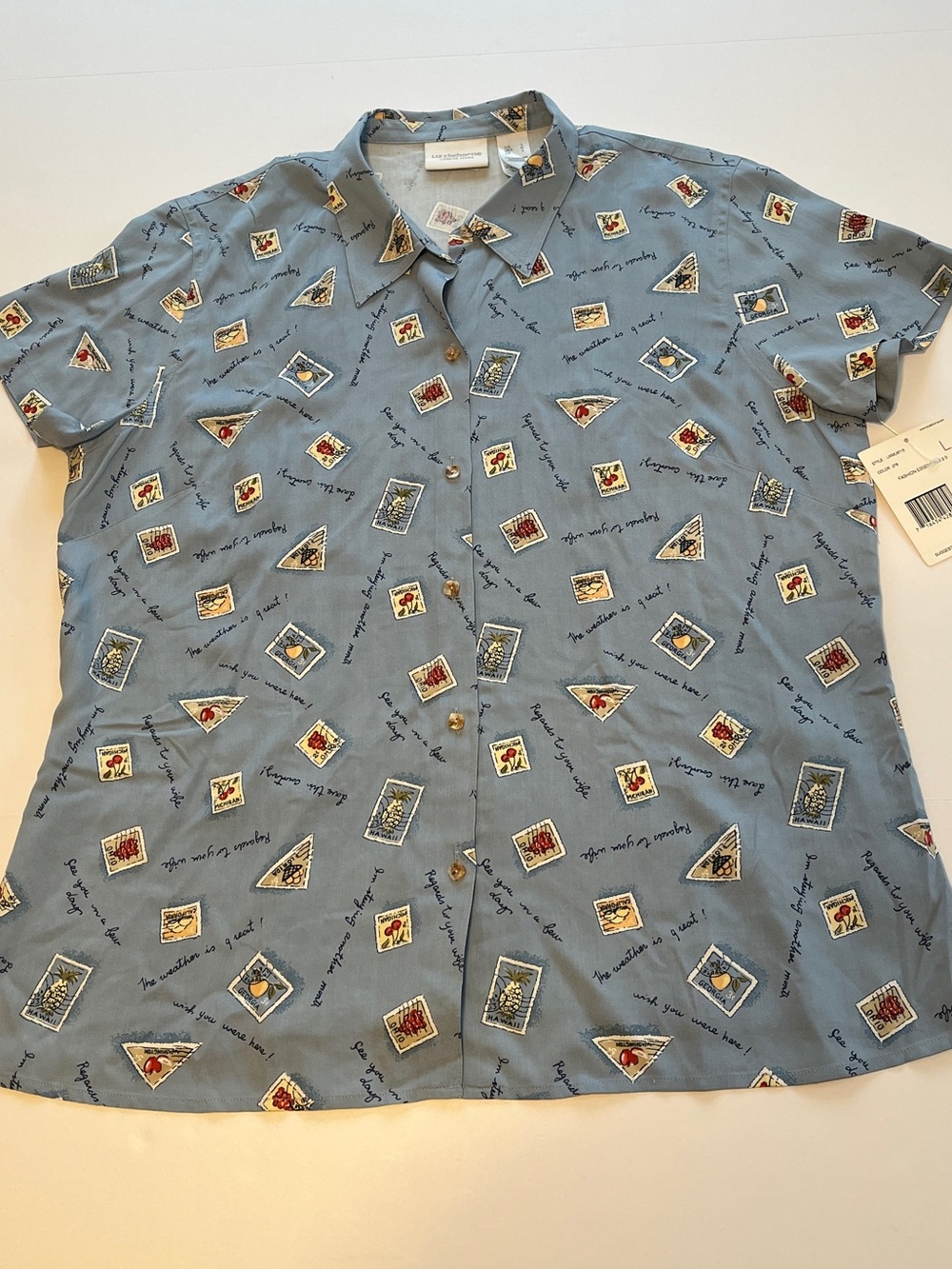Liz Claiborne 100% silk Pale Blue Button-Down blouse with Postcard Print size L - Picture 2 of 10